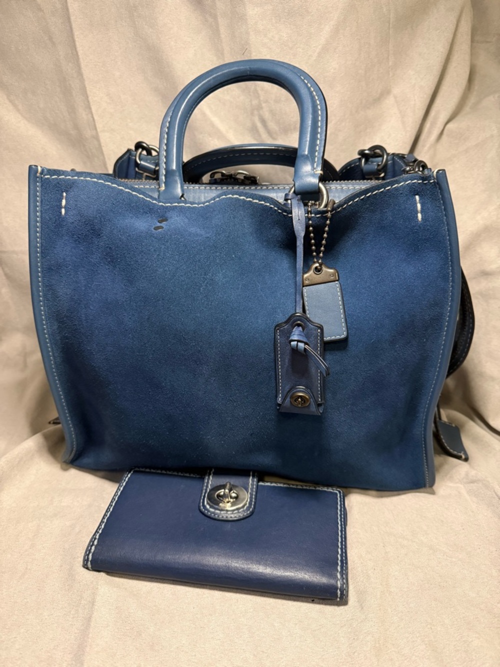 Coach 1941 Rogue 36 Dark Denim Blue Suede & Leather bag with Matching Wallet
